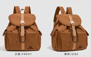 Detailed front and side views of stylish caramel brown collegiate backpack for casual commuting