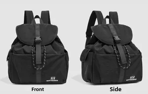 Front and side view detail of a black nylon casual backpack with buckle strap