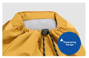 Detailed macro shot showing the functional drawstring closure design on a yellow casual backpack