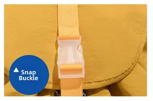Close-up view of a quick-release buckle on a yellow casual backpack