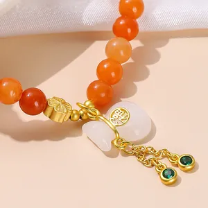 Natural red aventurine jade bead bracelet with white jade blessing bag charm
