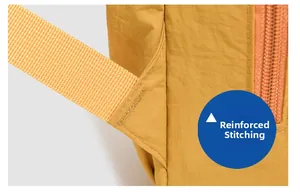 Macro detail of the bartack reinforcement stitching on yellow casual commuter backpack strap