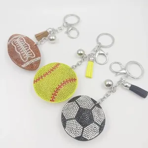 Creative sports ball rhinestone keychains with tassels featuring football baseball and soccer