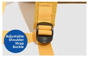 Close-up showing the adjustable black buckle and yellow strap of a college style backpack