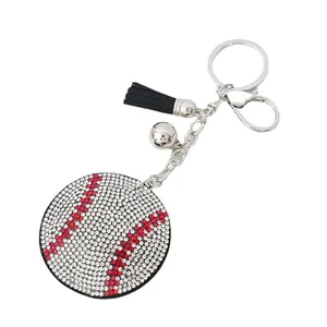 Fashionable baseball rhinestone keychain charm with black tassel and silver bell