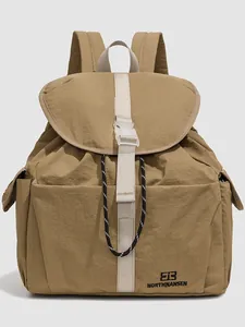 Stylish khaki outdoor camping backpack with drawstring and buckle closure detail