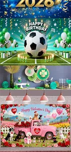 Themed decorative party backdrops for Soccer Birthday, St. Patrick's and Valentine's Day