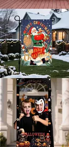 Detailed view of festive outdoor garden flags featuring Halloween and Christmas themes