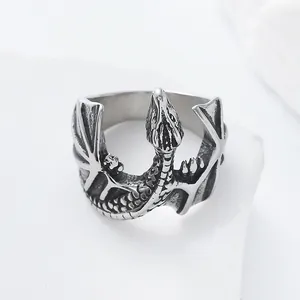 Detailed macro shot of a gothic punk style stainless steel winged snake ring in vintage silver.