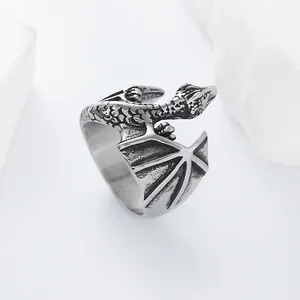 Vintage Stainless Steel Dragon Ring For Men Gothic Punk Winged Snake Animal Ring Distressed Metal Finger Jewelry Gift