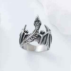 Close-up detail of a vintage gothic dragon wing ring crafted in durable stainless steel