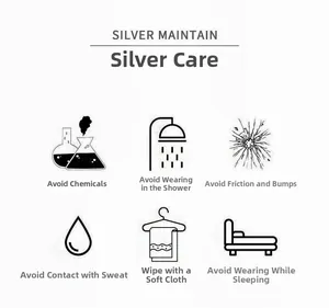 Silver jewelry maintenance guide with specific icons for cleaning and daily care instructions