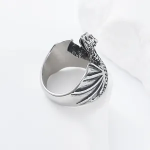 Vintage stainless steel dragon serpent ring featuring wings and intricate scale texture