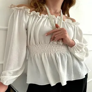 Women Off Shoulder Smocked Waist Blouse Elegant Ruffle Puff Long Sleeve Polyester Top Solid Color Pullover Top For Women