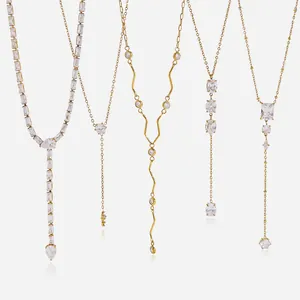Fashion Stainless Steel Zirconia Y-Shaped Necklace For Women Gold Plated Lariat Necklace Waterproof Hypoallergenic Jewelry