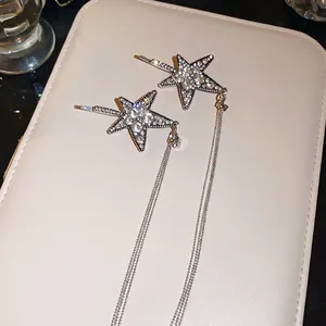 Funkelnde silberfarbene Stern-Ohrringe und Haarnadeln mit langen Strass-Perlen-Quasten.
