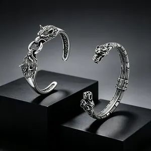 Nordic Viking Style Stainless Steel Wolf Head Bangle Antique Silver Punk Street Hip Hop Cuff Bracelet For Men