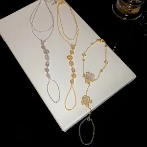 14k gold plated zircon flower hand harness bracelet ring combo for women
