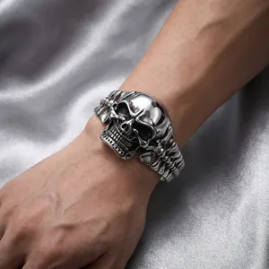 Vintage dark punk 3D skull and skeletal bone stainless steel open bracelet for men