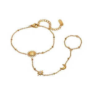 Bracelet bague main en acier inoxydable doré avec breloques soleil lune et étoile