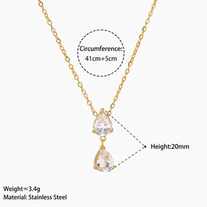 Collier en acier inoxydable doré avec double pendentif en zircone goutte d'eau