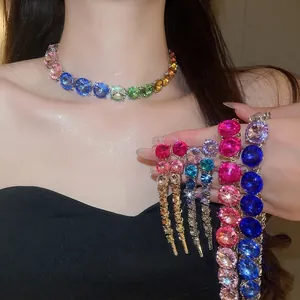 Elegant rainbow rhinestone choker necklace and gradient tassel earring set for evening party