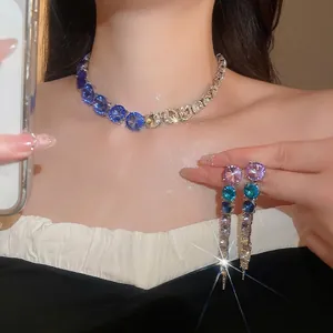 Exaggerated gradient blue crystal necklace and long tassel earring jewelry set for women