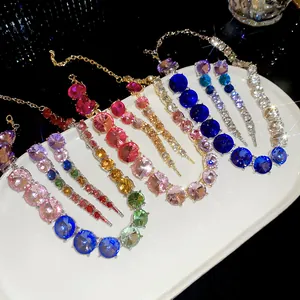 Exaggerated Alloy Rhinestone Circular Gradient Tassel Earrings Necklace Set For Women Elegant Banquet Party Jewelry With Silver Earring Post