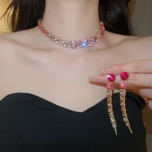 Elegant pink gradient crystal necklace and long tassel earring set for parties