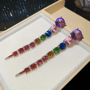 Detailed view of elegant dangling earrings featuring vibrant multi-colored round crystals