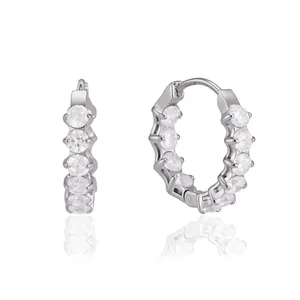 Elegant silver stainless steel hoop earrings with sparkling round white cubic zirconia
