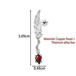 Gothic dark angel wing titanium ear stud with a red crystal drop and dimensions