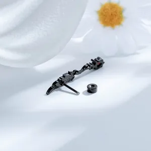 Unique black angel wing titanium stud earring with a red accent for dark aesthetic style