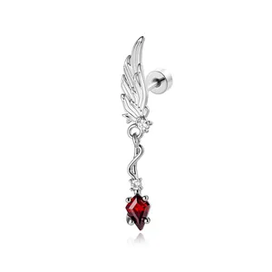 Dark style angel wing piercing earring with red rhombus stone and titanium alloy post