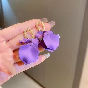 Elegant purple petal drop earrings with gold textured rings and silver needles for women