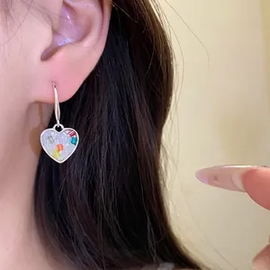 Boucles d'oreilles pendantes en forme de cœur style coréen avec incrustation mosaïque