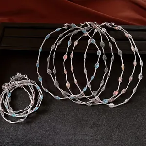 Handmade colorful bead necklace and bracelet set with silver mesh design for women