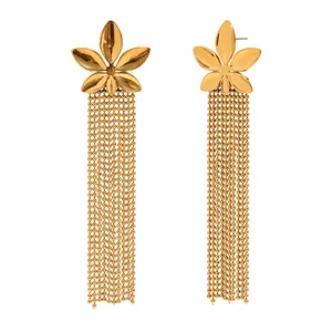 Elegant 18K gold plated stainless steel flower stud earrings with long beaded tassels