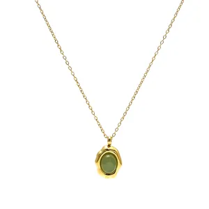 14K vergulde roestvrijstalen ketting met ovale natuurlijke groene stenen hanger