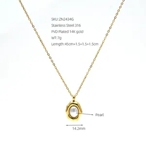 Detailweergave van 14k vergulde ketting met 14,2 mm parelhanger en specificaties