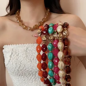 Chunky Twisted Oval Acrylic Bead Necklace For Women Geometric Alloy Beads Adjustable Clavicle Chain Fashion Jewelry