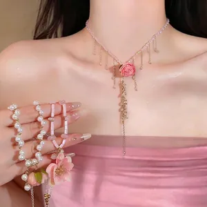Sweet Pink Flower Pendant Artificial Pearl Necklace Copper Zirconia Choker For Women Elegant Daily Fashion Jewelry Accessory