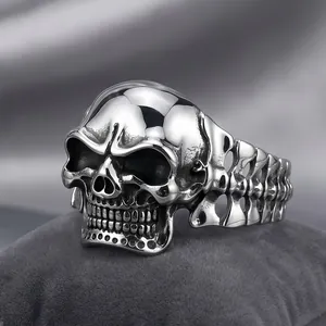 Dark gothic punk stainless steel cuff bracelet with realistic 3D skull and bone design