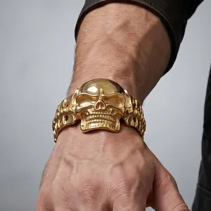 Men's punk style 3D gold skull skeleton open bracelet made of durable stainless steel