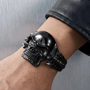 Dark punk 3D skull cuff bracelet in black stainless steel for men's gothic style