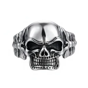 Punk style stainless steel skull cuff bracelet for men with gothic skeletal details