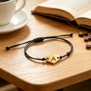 Stainless Steel Hollow Initial Heart Charm Braided Bracelet Adjustable Black Wax Rope Personalized Initial Jewelry For Couples Men Women