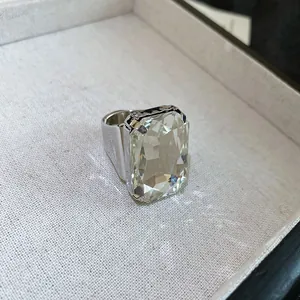 Luxury silver vintage geometric ring featuring a large rectangular faceted clear stone