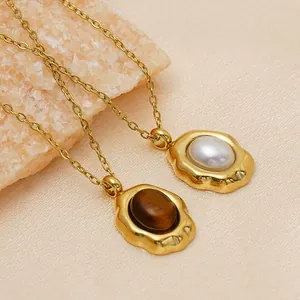 Retro roestvrijstalen ketting met parel en tijgeroog hangers voor dames