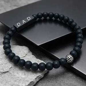 Men Beaded Bracelet Stainless Steel Black Agate Lava Stone DAD Letter Pendant Stretch Bracelet Father Day Gift Jewelry